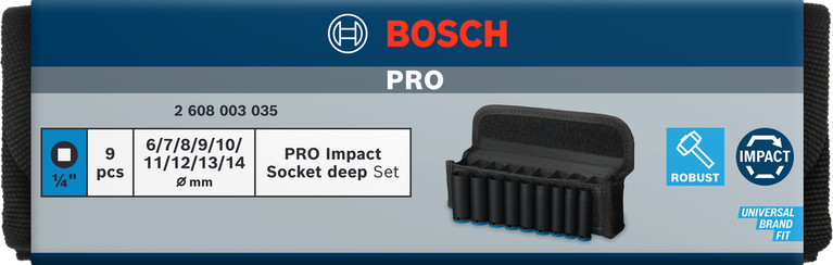 Set Soket Impact Bosch PRO 1/4 inci dalam, 9 buah.